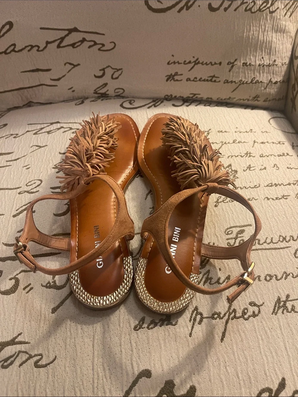Gianni Bini Tan Fringe T-Strap Sandals with Gold Heel Detail - Picture 3 of 7